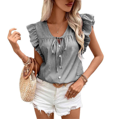 Loose Striped Top With French-Style Strap And Ruffle Sleeves - VEX CLUB HOUSE