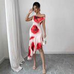 Elegant Asymmetrical Figure-flattering Dress With A Strategically Placed Hibiscus Floral Print - VEX CLUB HOUSE
