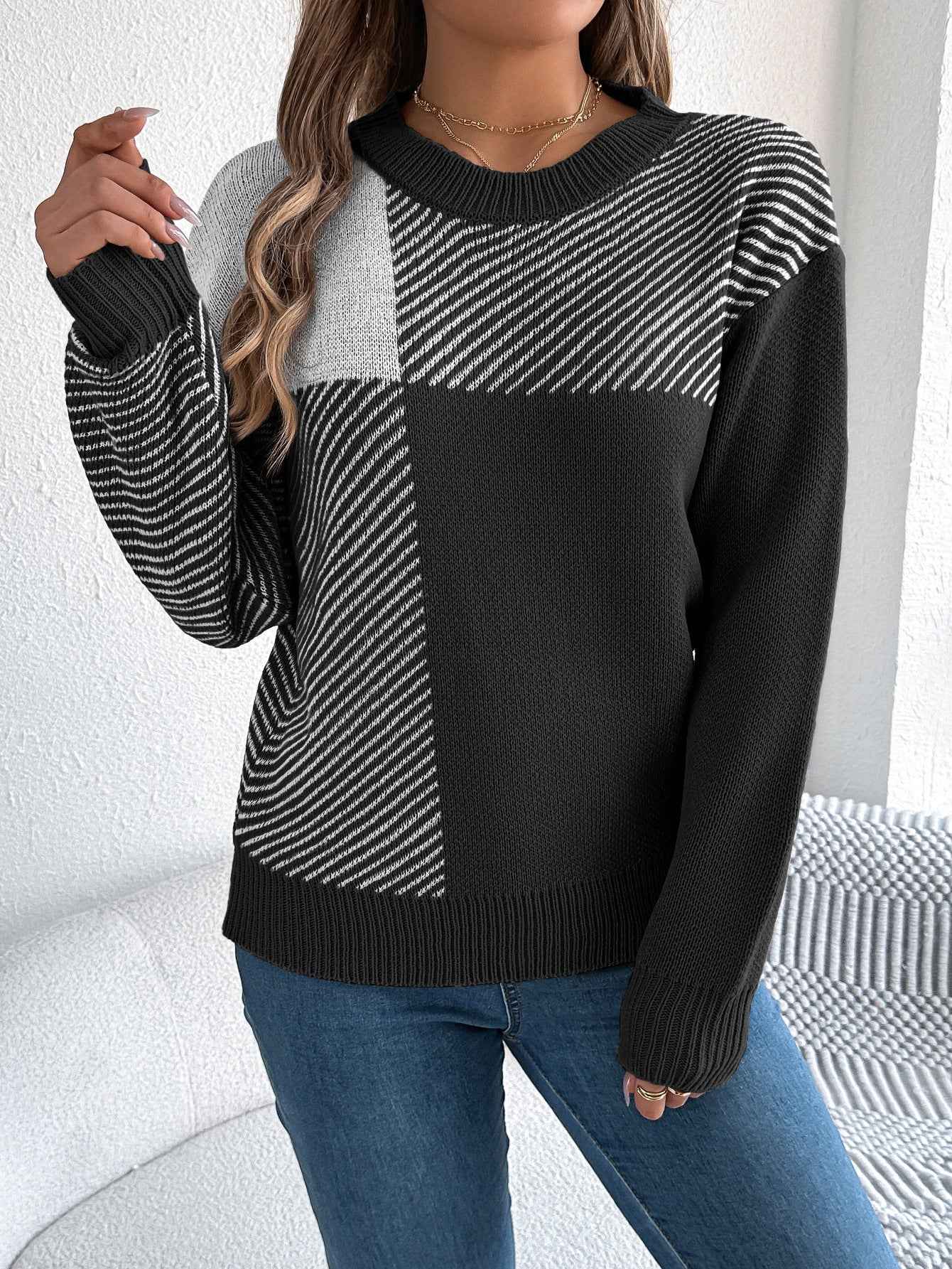 Casual Color-Block Plaid Long-Sleeve Pullover Sweater - VEX CLUB HOUSE