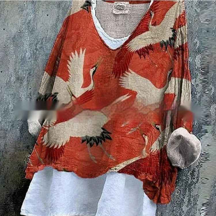 Womens Embroidered Loose Linen Top With Long Sleeves - VEX CLUB HOUSE