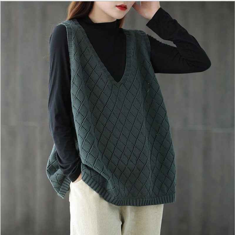 Womens Retro Loose-Neck Hollow-Out Knitted Vest - VEX CLUB HOUSE