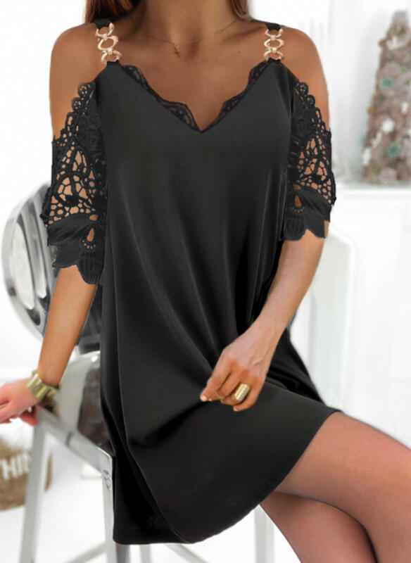 Lace Three-quarter-sleeve Straight-line Elegant Waist-cinched V-neck Dress - VEX CLUB HOUSE