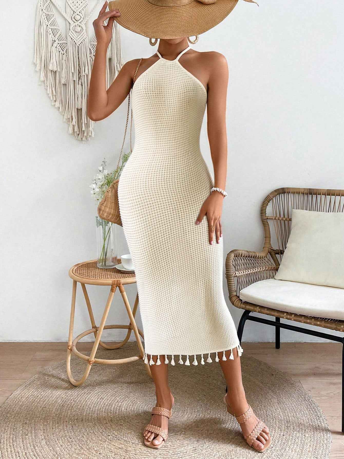 Womens Solid-Color Fashion Tassel Halterneck Lace-Up Dress - VEX CLUB HOUSE