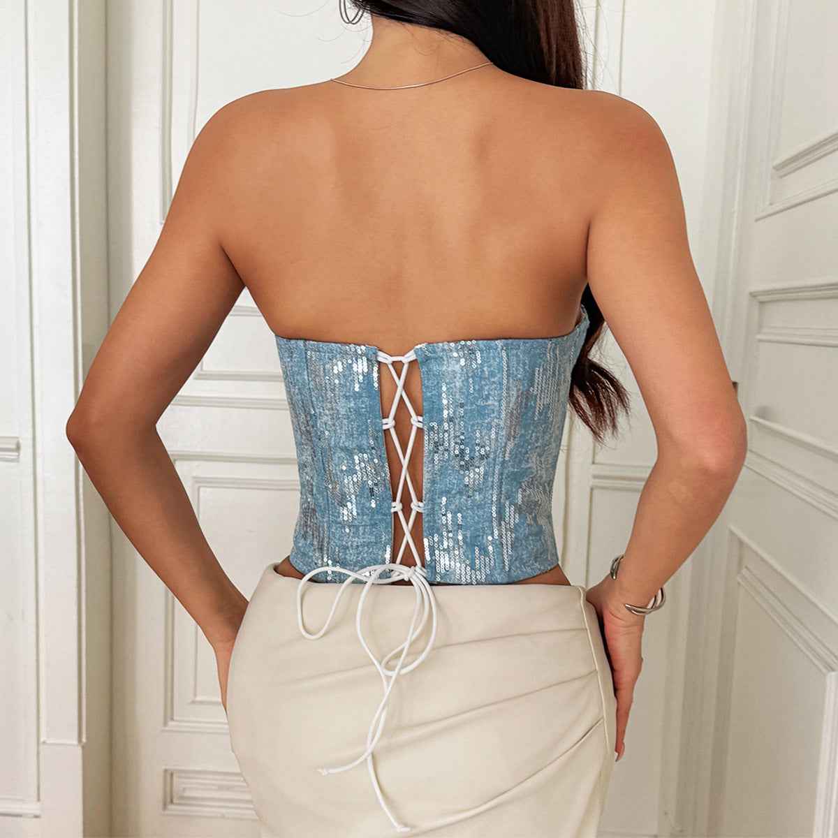 Womens Padded Underwire Fishbone-Fit Lace-Up Tube Top - VEX CLUB HOUSE