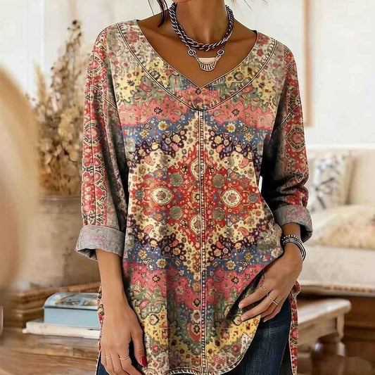 Retro Botanical Print Relaxed-fit Long-sleeve Casual Top - VEX CLUB HOUSE