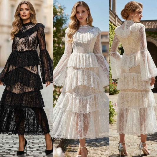 Stand-collar Embroidered Ruffled Maxi Dress - VEX CLUB HOUSE
