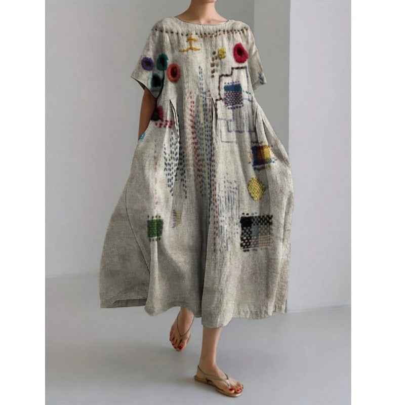 Women's Loose Round Neck Fashion Premium Short Sleeve Printed Dress - VEX CLUB HOUSE