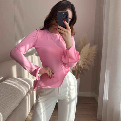 Crew-neck T-shirt With A Solid Color And An Asymmetrical Ruffled Hem - VEX CLUB HOUSE