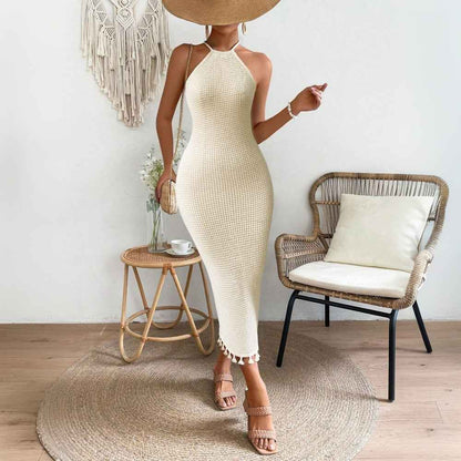 Womens Solid-Color Fashion Tassel Halterneck Lace-Up Dress - VEX CLUB HOUSE