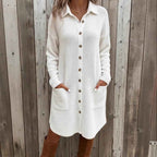 Knitted Button Down Solid Color Long Sleeve Pocket Cardigan Sweater Dress - VEX CLUB HOUSE