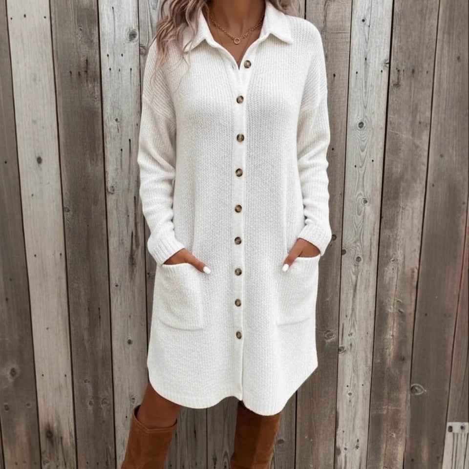 Knitted Button Down Solid Color Long Sleeve Pocket Cardigan Sweater Dress - VEX CLUB HOUSE