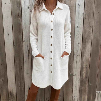 Knitted Button Down Solid Color Long Sleeve Pocket Cardigan Sweater Dress - VEX CLUB HOUSE