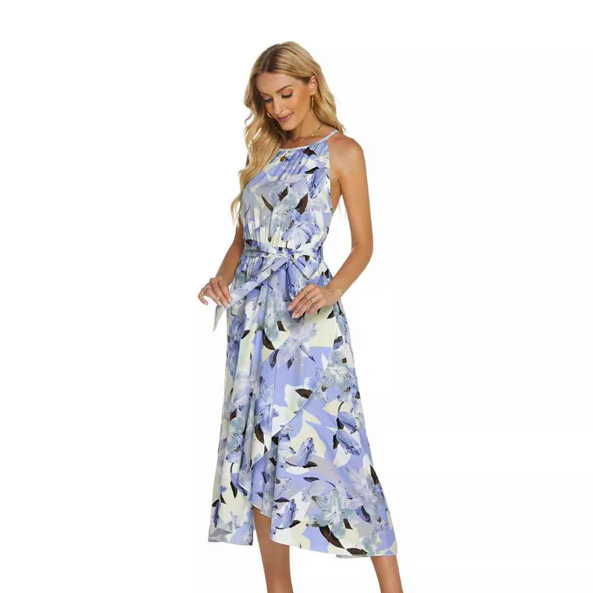 Fashionable Printed Halterneck Sleeveless Lace-Up Dress - VEX CLUB HOUSE