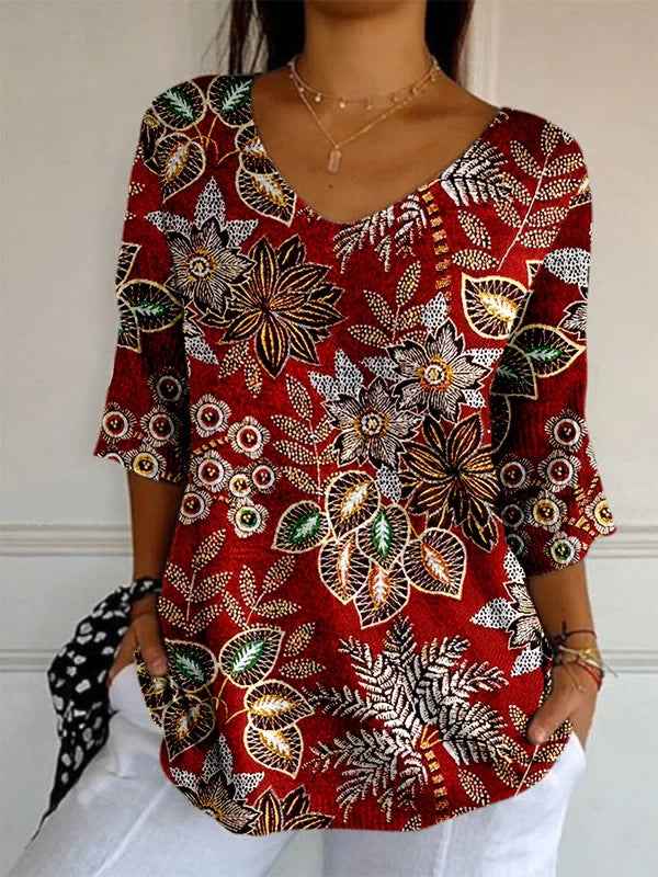 Elegant Retro Womens Casual Floral Print V-Neck Long-Sleeve Top - VEX CLUB HOUSE