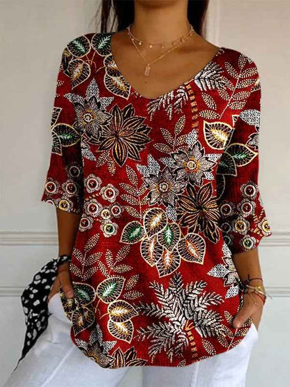 Elegant Retro Womens Casual Floral Print V-Neck Long-Sleeve Top - VEX CLUB HOUSE
