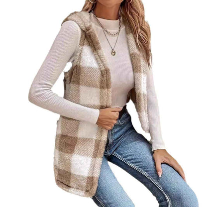 Fashion Elegant Cardigan Two-tone Plaid Hooded Women's Plush Vest Coat - VEX CLUB HOUSE