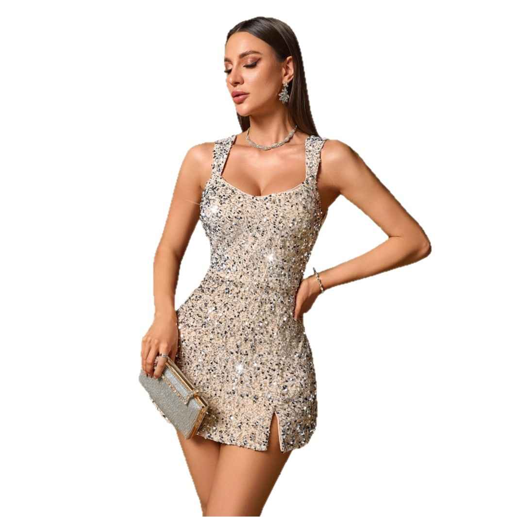 Womens Velvet Sequin Dress In Apricot And Silver - VEX CLUB HOUSE