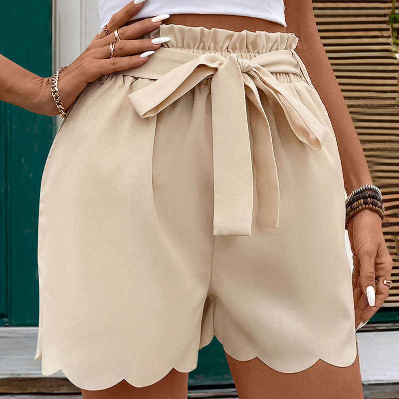 Lace-up Scalloped Solid Color Shorts For Women - VEX CLUB HOUSE