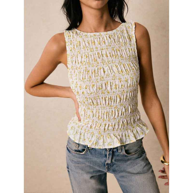 Womens Solid-Color Pleated Crew-Neck Casual Tank Top - VEX CLUB HOUSE