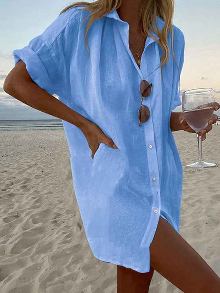 Women's Casual Loose-Fit Fashionable Cotton-Linen Solid-Color Short-Sleeve Top - VEX CLUB HOUSE