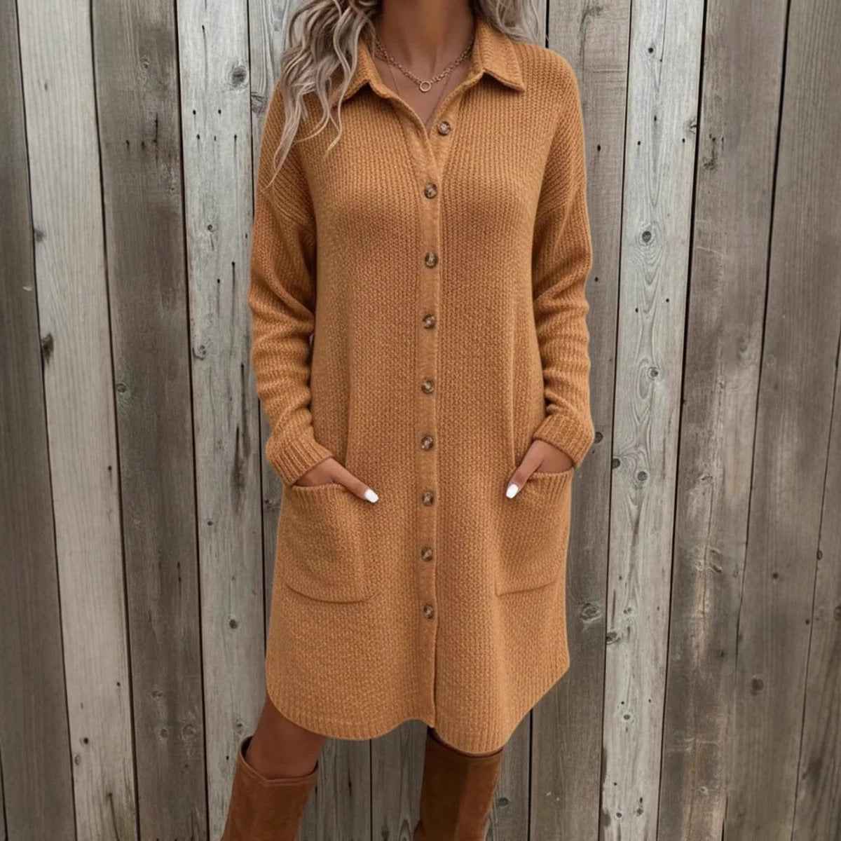 Knitted Button Down Solid Color Long Sleeve Pocket Cardigan Sweater Dress - VEX CLUB HOUSE