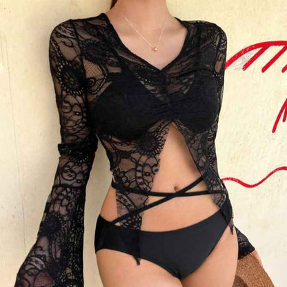 Sexy Swimwear Long-Sleeve Bikini With A Detachable Lace Top - VEX CLUB HOUSE