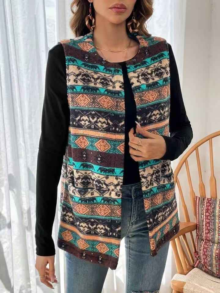 Women's Printed Double-sided Plush Buttonless Cardigan - VEX CLUB HOUSE