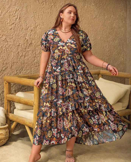 Womens Plus-Size Bohemian V-Neck Printed Short-Sleeve Dress - VEX CLUB HOUSE