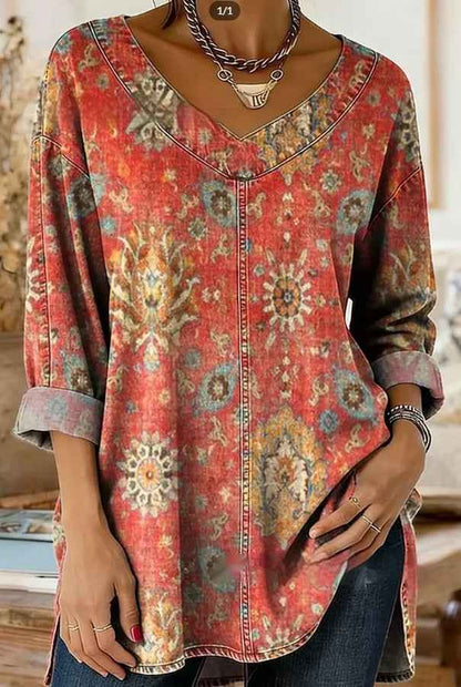 Retro Botanical Print Relaxed-fit Long-sleeve Casual Top - VEX CLUB HOUSE