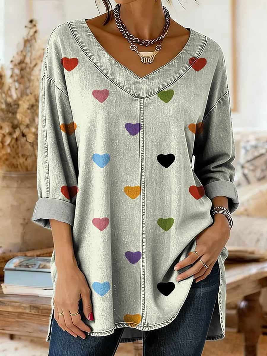 Retro Botanical Print Relaxed-fit Long-sleeve Casual Top - VEX CLUB HOUSE