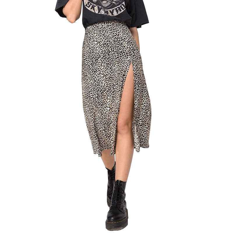 European And American Leopard Print Long Skirt High Waist Slit Hip Skirt - VEX CLUB HOUSE