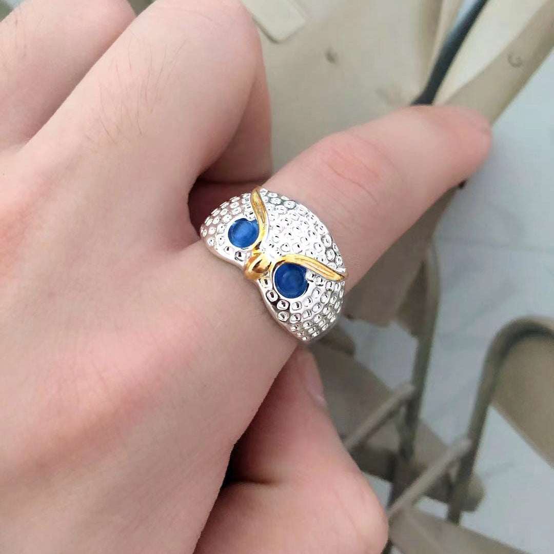 Plain Silver Retro Blue Glasses Owl Jewelry Ring Men And Women Design Owl Ring V E X C L U B H O U S E