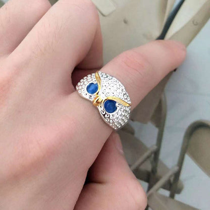 Plain Silver Retro Blue Glasses Owl Jewelry Ring Men And Women Design Owl Ring V E X C L U B H O U S E