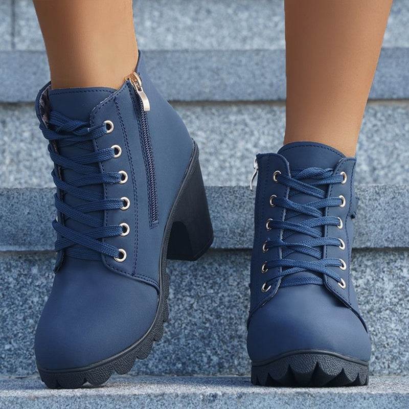 Fashoin Leopard Print Ankle Square Heel Suede Lace-up Zip Boots Women Casual Versatile Shoes Autumn And Winter - VEX CLUB HOUSE