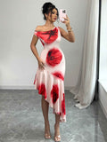 Elegant Asymmetrical Figure-flattering Dress With A Strategically Placed Hibiscus Floral Print - VEX CLUB HOUSE