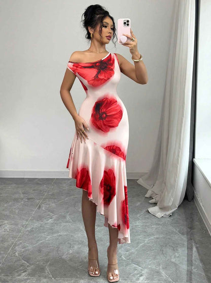 Elegant Asymmetrical Figure-flattering Dress With A Strategically Placed Hibiscus Floral Print - VEX CLUB HOUSE