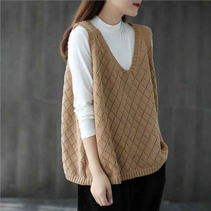 Womens Retro Loose-Neck Hollow-Out Knitted Vest - VEX CLUB HOUSE