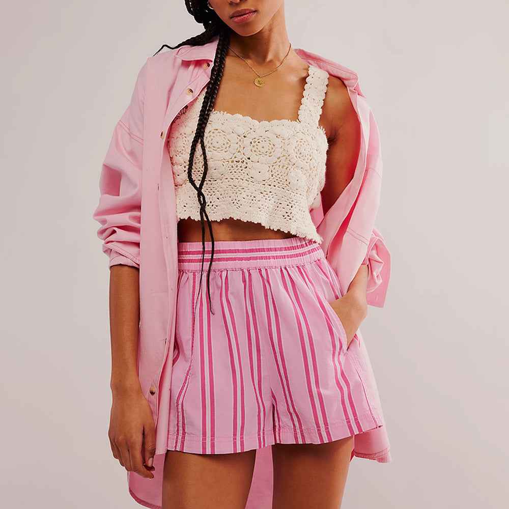 Striped Casual Elastic Pocket Beach Shorts For Women - VEX CLUB HOUSE