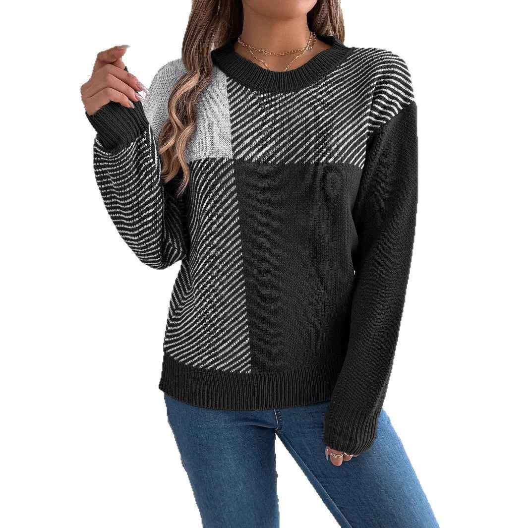 Casual Color-Block Plaid Long-Sleeve Pullover Sweater - VEX CLUB HOUSE