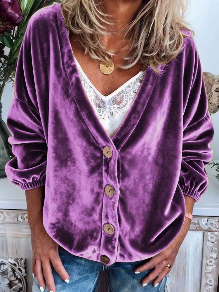 Womens Casual V-neck Long-sleeve Solid-color Cardigan Top - VEX CLUB HOUSE