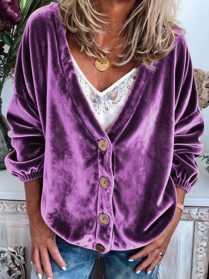 Womens Casual V-neck Long-sleeve Solid-color Cardigan Top - VEX CLUB HOUSE