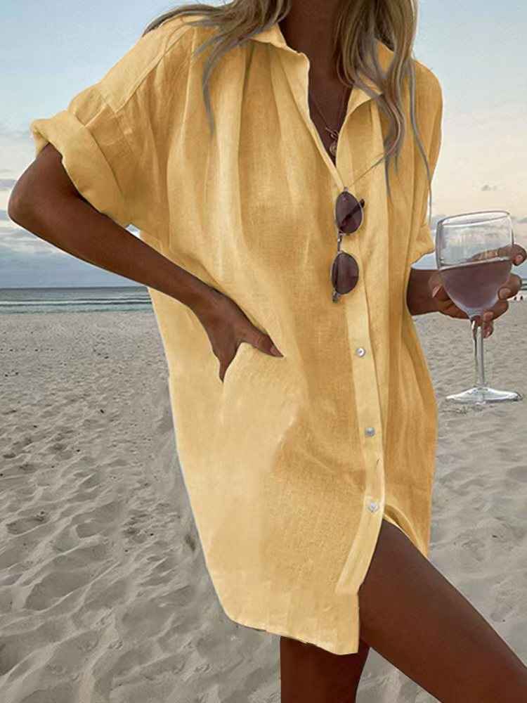 Women's Casual Loose-Fit Fashionable Cotton-Linen Solid-Color Short-Sleeve Top - VEX CLUB HOUSE