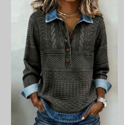 Womens Retro Printed Stand Collar Long-Sleeve Top - VEX CLUB HOUSE