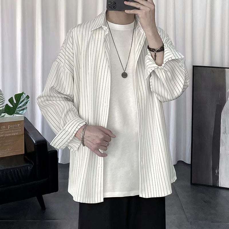 Striped White Shirt Men's Shirt Long Sleeve Casual - VEX CLUB HOUSE