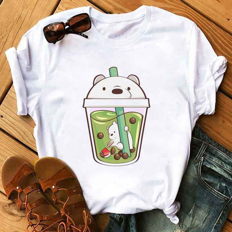 New Cute Milk Tea Print Short Sleeve Women - VEX CLUB HOUSE