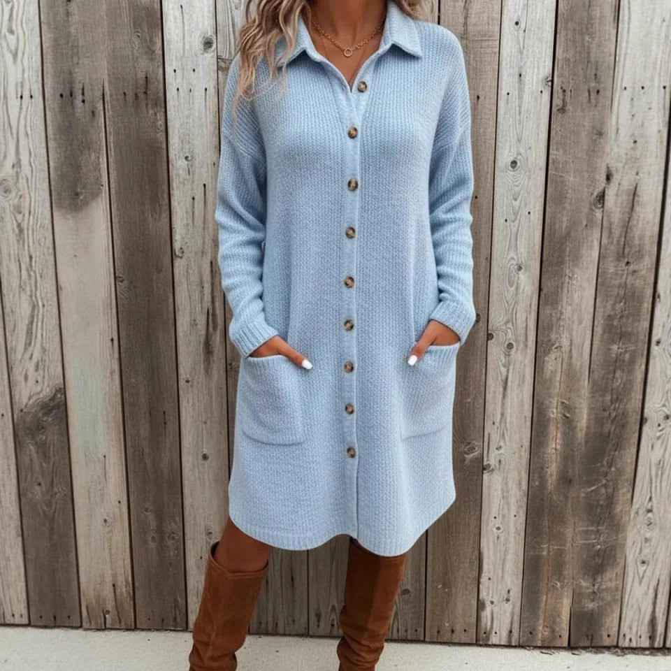Knitted Button Down Solid Color Long Sleeve Pocket Cardigan Sweater Dress - VEX CLUB HOUSE