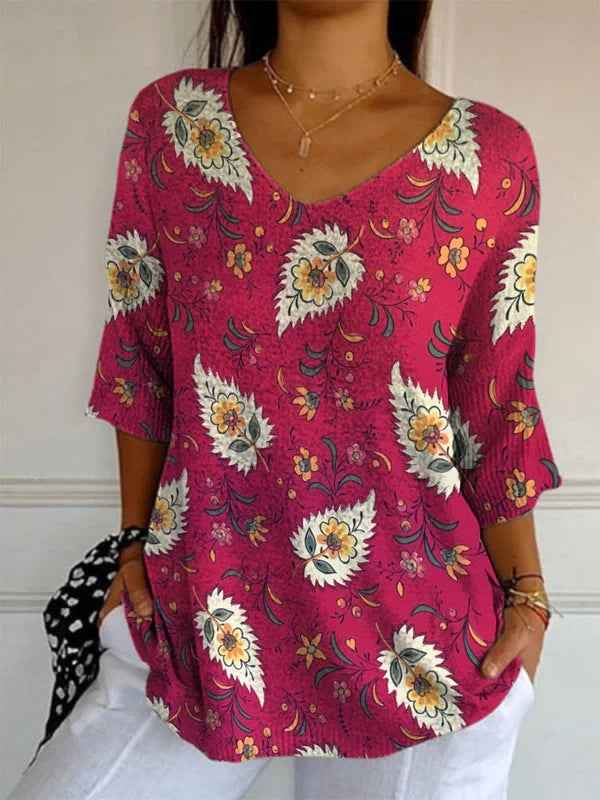 Elegant Retro Womens Casual Floral Print V-Neck Long-Sleeve Top - VEX CLUB HOUSE