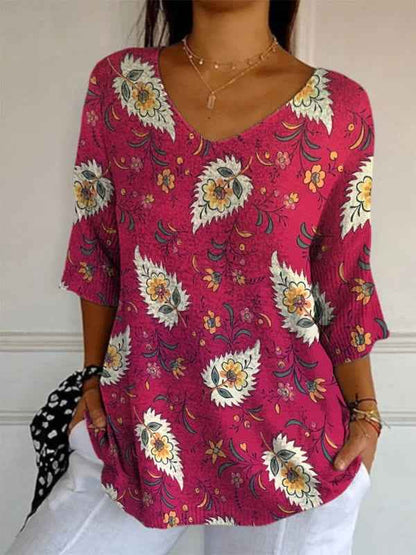 Elegant Retro Womens Casual Floral Print V-Neck Long-Sleeve Top - VEX CLUB HOUSE
