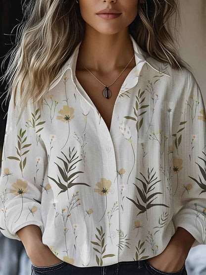 Floral-print Long-sleeve Shirt Delicate Linen Casual Blouse - VEX CLUB HOUSE
