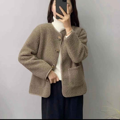Round Neck Lamb Wool Loose Coat - VEX CLUB HOUSE